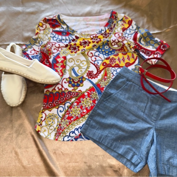 Talbots Red and Blue Paisley Tab Sleeve Top Cotton Stretch Sz S - Picture 11 of 13